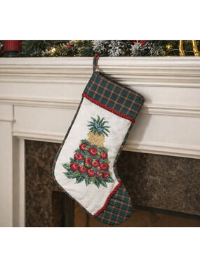 Williamsburg Christmas Stocking Needlepoint Cross Stitch Pineapple & Apples 18"